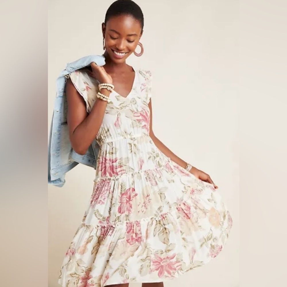 Anthropologie White Maxi Dress with Pink Floral Print